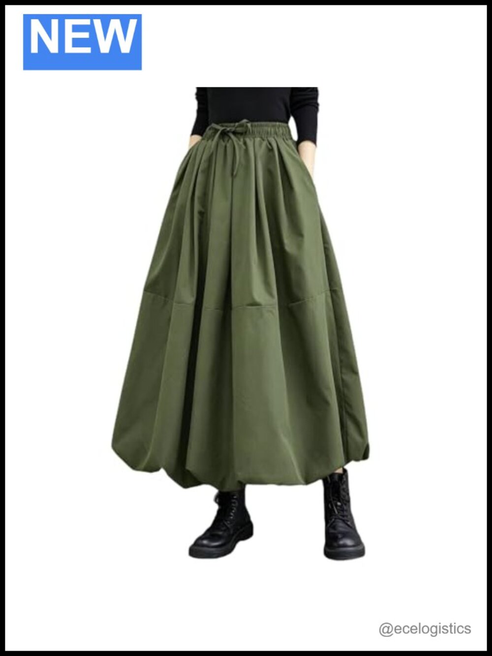 Women's Bubble Hem Maxi Skirt Elastic Waist A-Line with Pockets Flowy Long Skirt